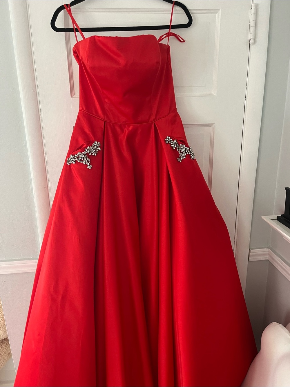 Allie Blu Red Satin Formal Gown with Crystal Embellishments